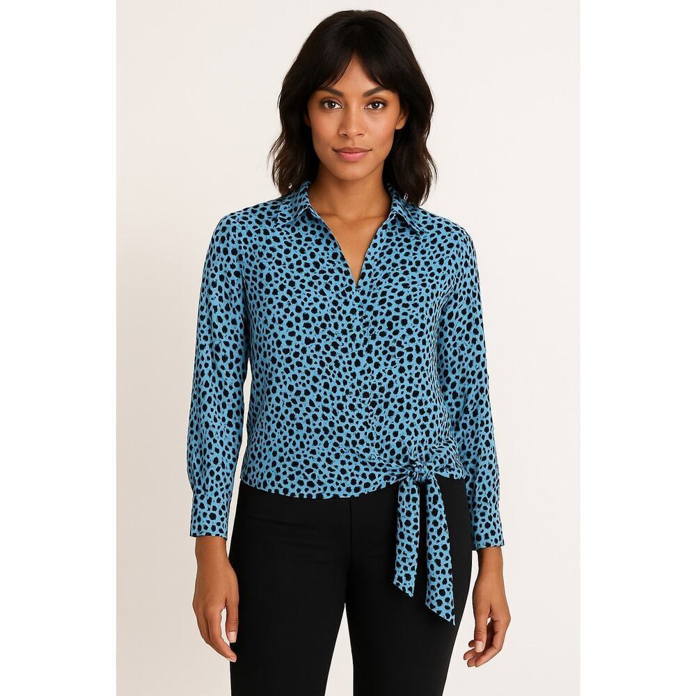 Chico’s Blue Size 1 Mediun Animal-Print Blouse Long Sleeve Top Casual Lightweigh